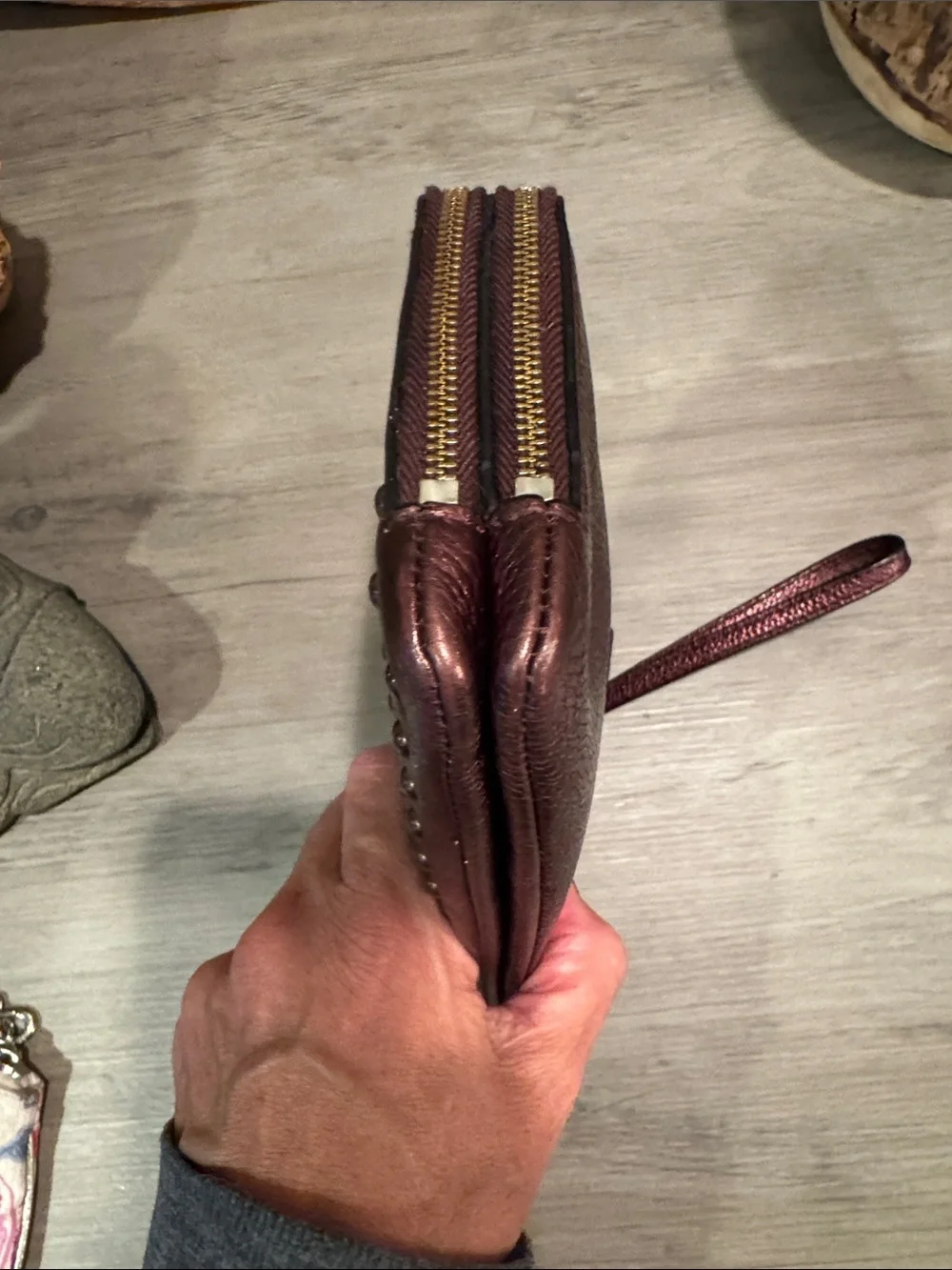 COACH Metallic Bronze-copper Studded Leather Wristlet Clutch